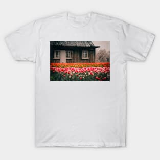 Ancient ,vintage village house with tulip , flower garden T-Shirt